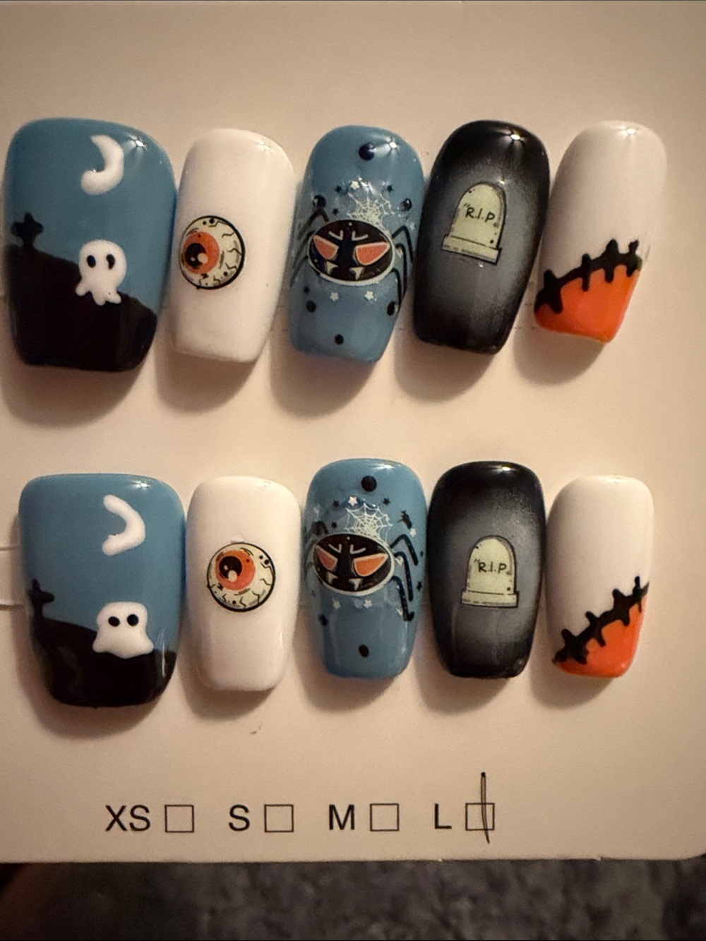 Halloween Themed Press-On Nails in Blue, White, Black & Orange - Small